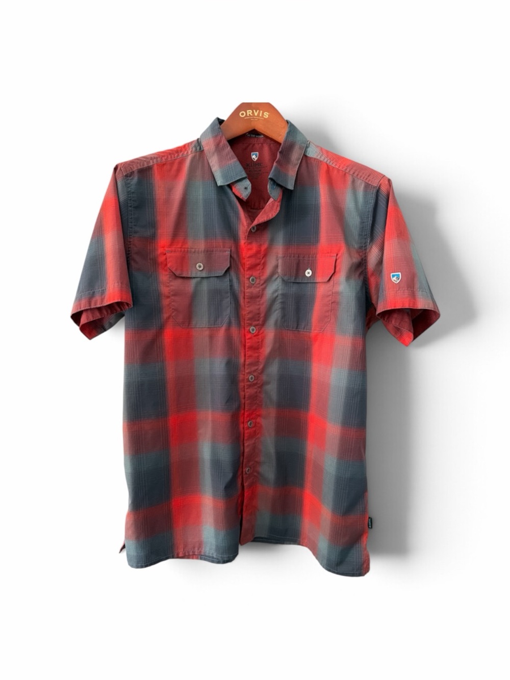 Kuhl Response Short Sleeve Shirt Red Gray Plaid Galaxy Size Medium Gorpcore